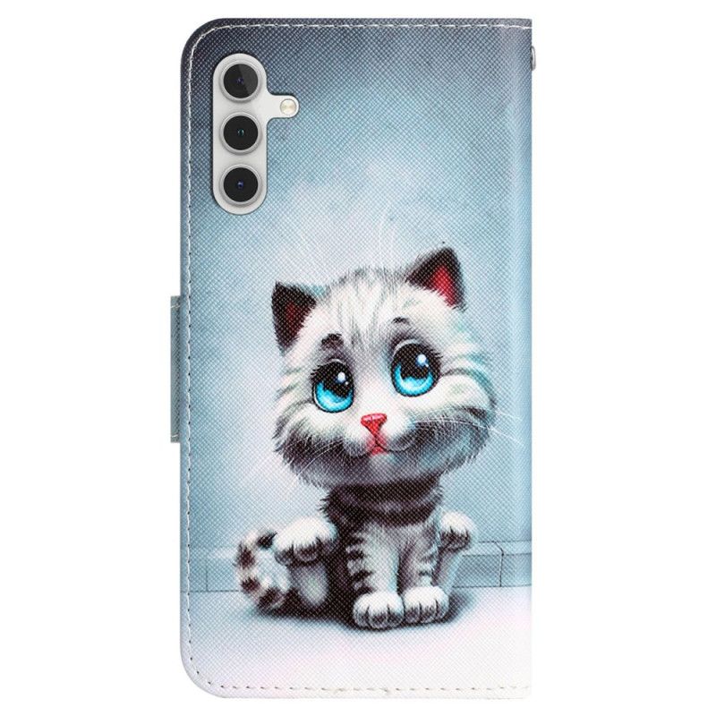 Lærdeksel Folio Deksel Samsung Galaxy A55 5g Mobildeksel Blue Eyed Cat Med Stropp