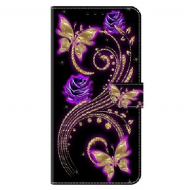 Folio Deksel Xiaomi Redmi Note 13 5g Fiolette Blomster Og Sommerfugler