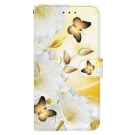 Lærdeksel Folio Deksel Xiaomi Redmi Note 13 5g Gylne Sommerfugler Og Hvite Blomster