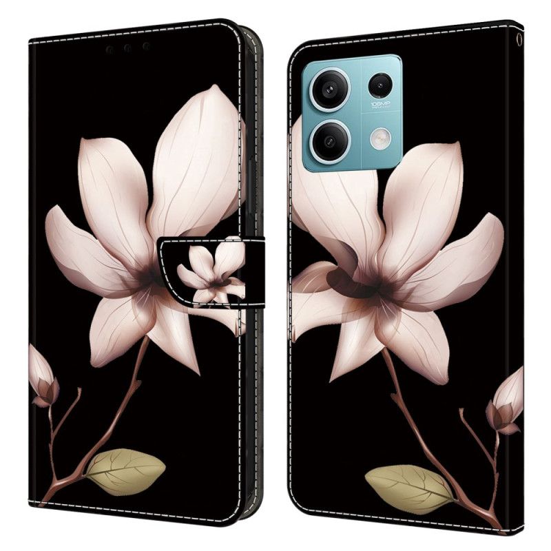 Lærdeksel Folio Deksel Xiaomi Redmi Note 13 5g Rosa Blomst På Svart Bakgrunn