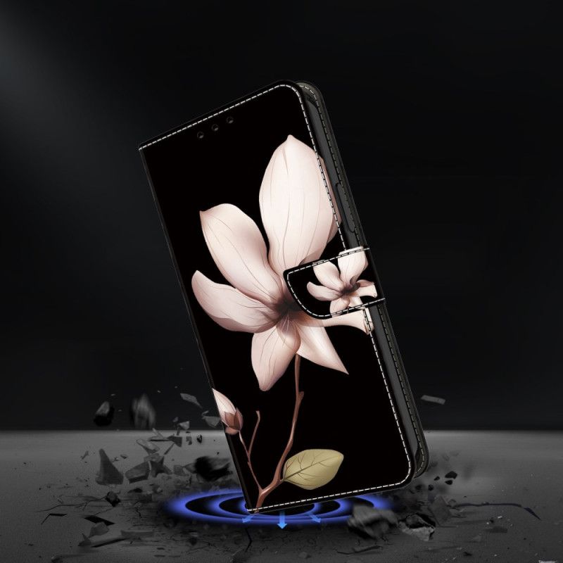 Lærdeksel Folio Deksel Xiaomi Redmi Note 13 5g Rosa Blomst På Svart Bakgrunn