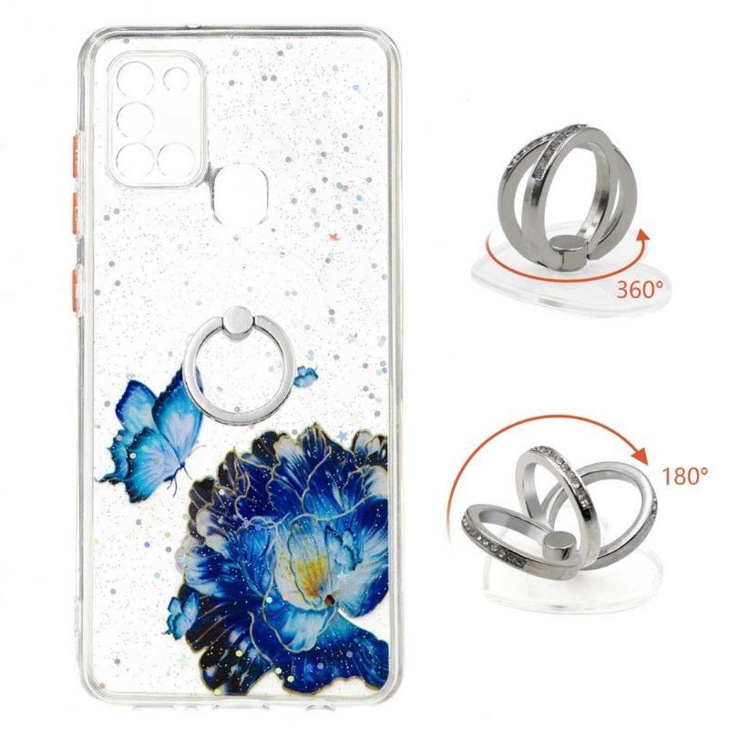 Deksel Til Samsung Galaxy A21s Blå Blomster Og Sommerfugler Med Ring