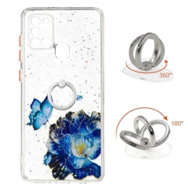 Deksel Til Samsung Galaxy A21s Blå Blomster Og Sommerfugler Med Ring