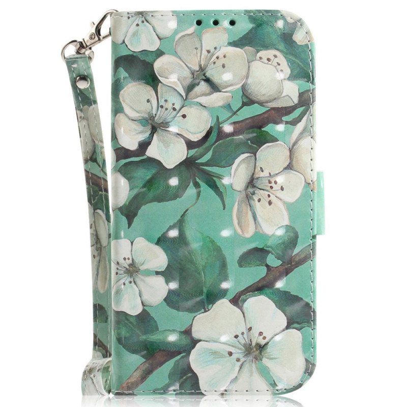 Folio Deksel Til Xiaomi 12 / 12X Med Kjede Strappy Hvite Blomster