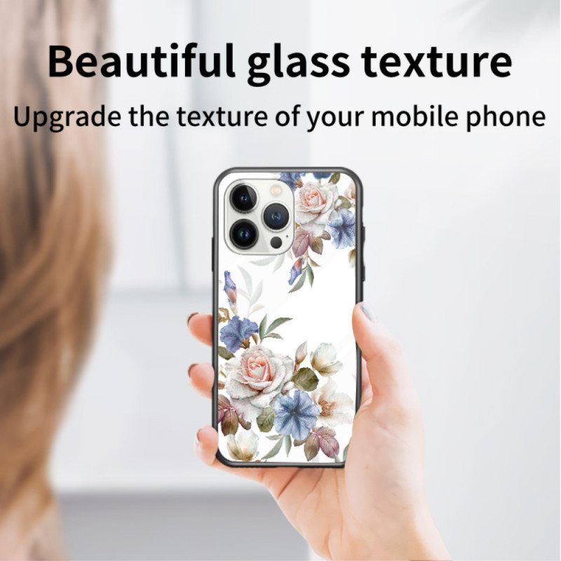 Deksel Til iPhone 15 Pro Blomstert Herdet Glass Med Støttering