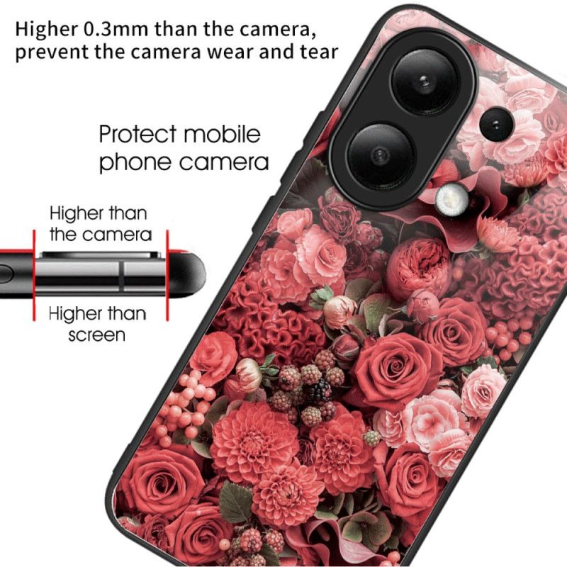 Deksel Xiaomi Redmi Note 13 4g Røde Blomster Av Herdet Glass Beskyttelse Deksel