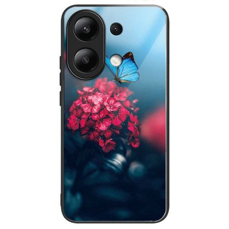 Deksel Xiaomi Redmi Note 13 4g Røde Blomster Og Sommerfugler I Herdet Glass Beskyttelse Deksel