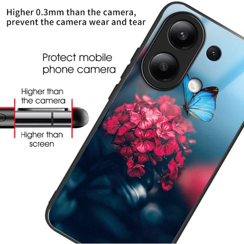 Deksel Xiaomi Redmi Note 13 4g Røde Blomster Og Sommerfugler I Herdet Glass Beskyttelse Deksel