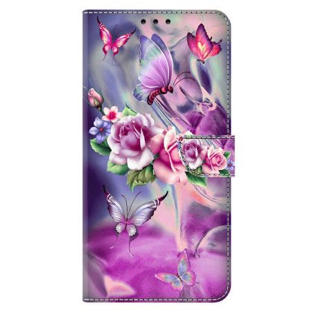 Folio Deksel Til Xiaomi Redmi Note 13 4g Sommerfugler Og Fiolette Blomster