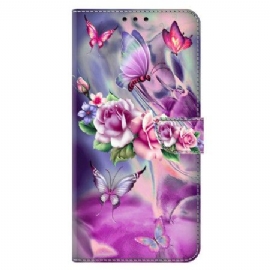 Folio Deksel Til Xiaomi Redmi Note 13 4g Sommerfugler Og Fiolette Blomster