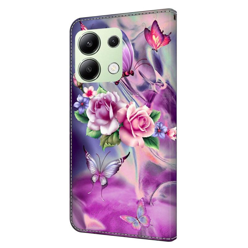 Folio Deksel Til Xiaomi Redmi Note 13 4g Sommerfugler Og Fiolette Blomster