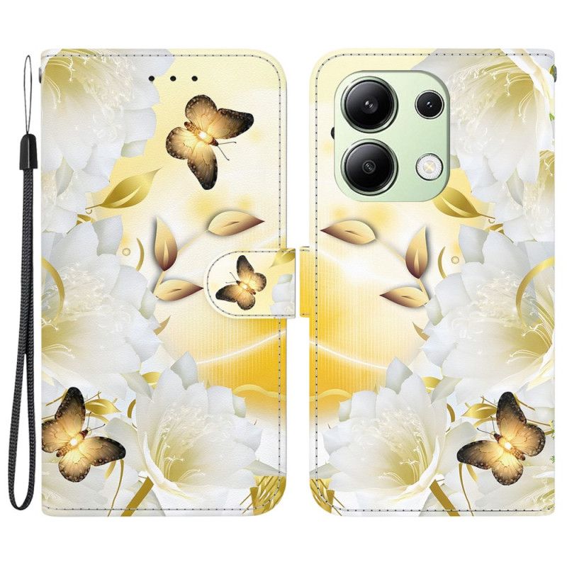 Folio Deksel Xiaomi Redmi Note 13 4g Gylne Sommerfugler Og Hvite Blomster Med Stropp Beskyttelse Deksel