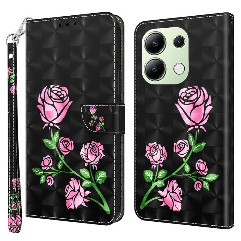 Lærdeksel Folio Deksel Xiaomi Redmi Note 13 4g Mobildeksel Rosa Blomster Med Stropp