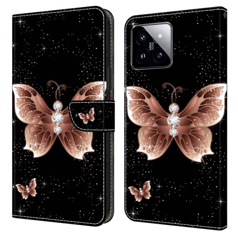 Folio Deksel Xiaomi 14 Rosa Diamant Sommerfugl Beskyttelse Deksel