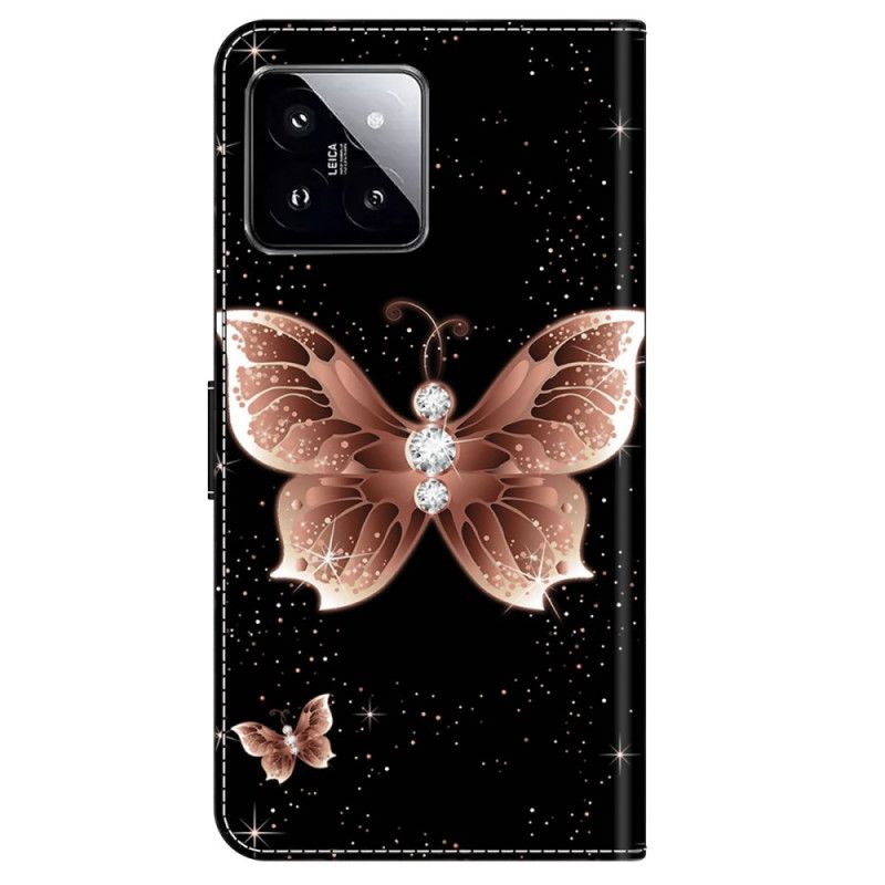 Folio Deksel Xiaomi 14 Rosa Diamant Sommerfugl Beskyttelse Deksel