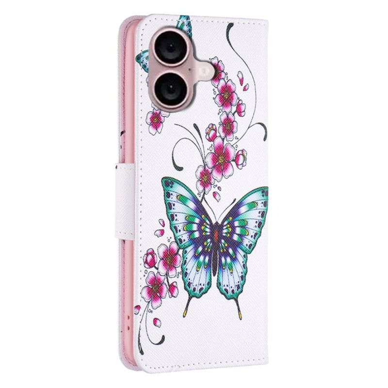 Folio Deksel iPhone 16 Plus Blomster Og Sommerfugler