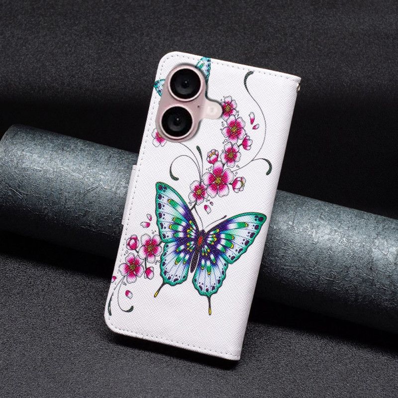 Folio Deksel iPhone 16 Plus Blomster Og Sommerfugler