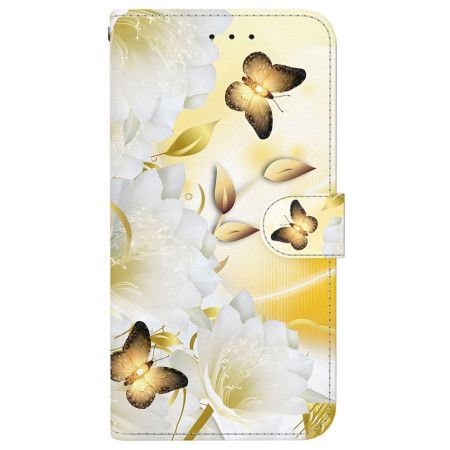 Folio Deksel Til iPhone 16 Plus Gylne Sommerfugler Og Hvite Blomster Med Stropp