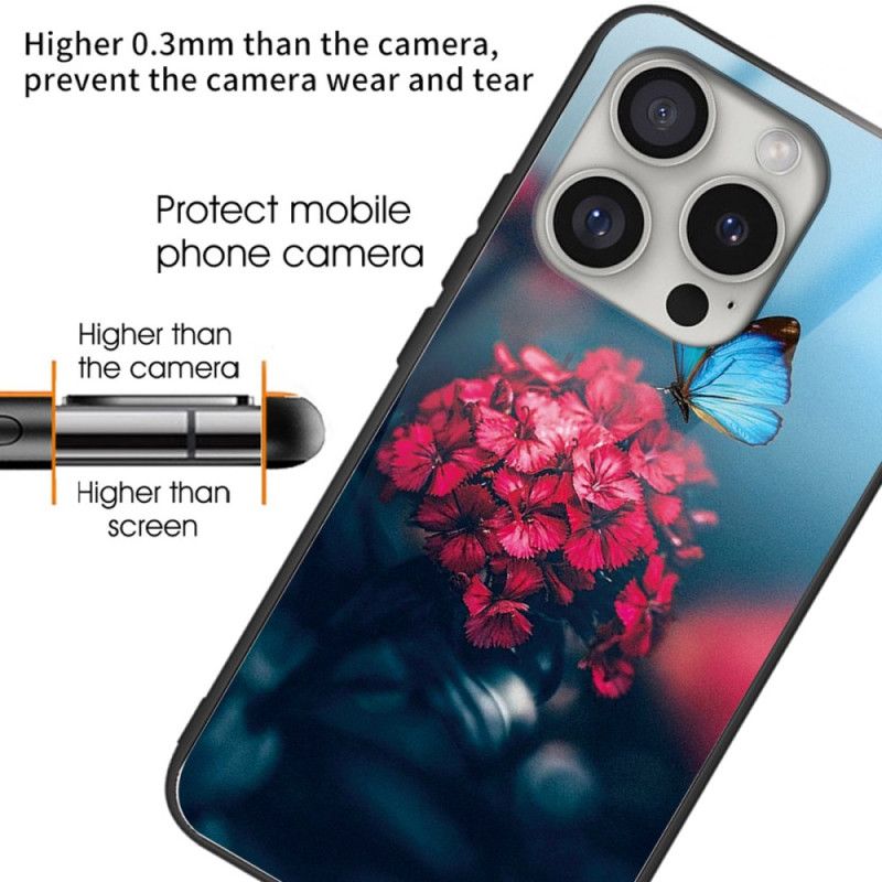 Deksel iPhone 16 Pro Mobildeksel Herdet Glass Blomster Og Sommerfugl