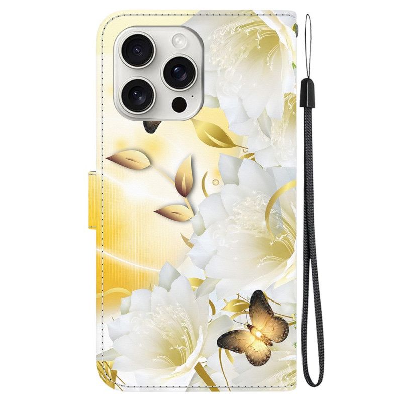 Folio Deksel iPhone 16 Pro Gylne Sommerfugler Og Hvite Blomster Med Stropp Beskyttelse Deksel