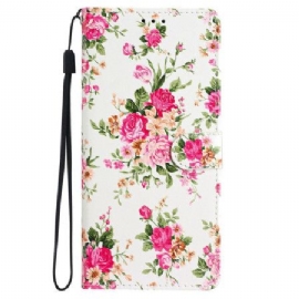 Folio Deksel iPhone 16 Pro Røde Blomster Med Stropp Beskyttelse Deksel