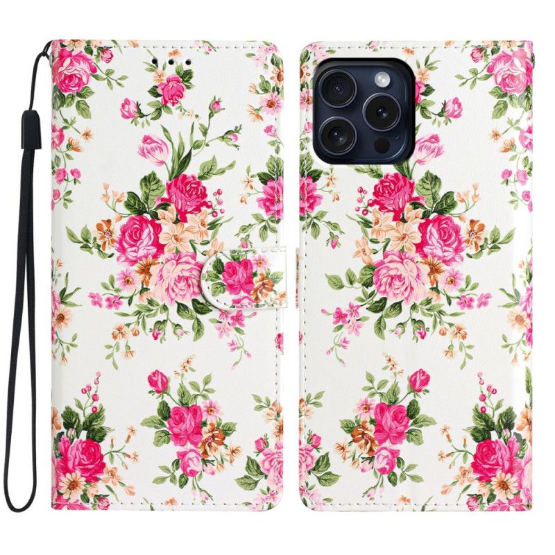 Folio Deksel iPhone 16 Pro Røde Blomster Med Stropp Beskyttelse Deksel