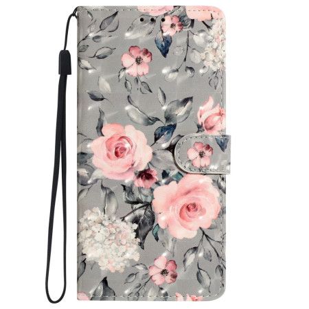 Folio Deksel iPhone 16 Pro Rosa Blomster På Grå Bakgrunn Med Stropp