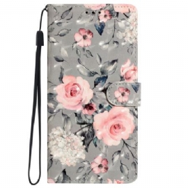 Folio Deksel iPhone 16 Pro Rosa Blomster På Grå Bakgrunn Med Stropp