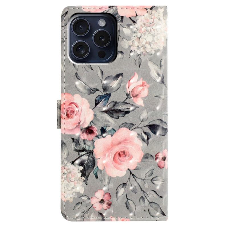 Folio Deksel iPhone 16 Pro Rosa Blomster På Grå Bakgrunn Med Stropp