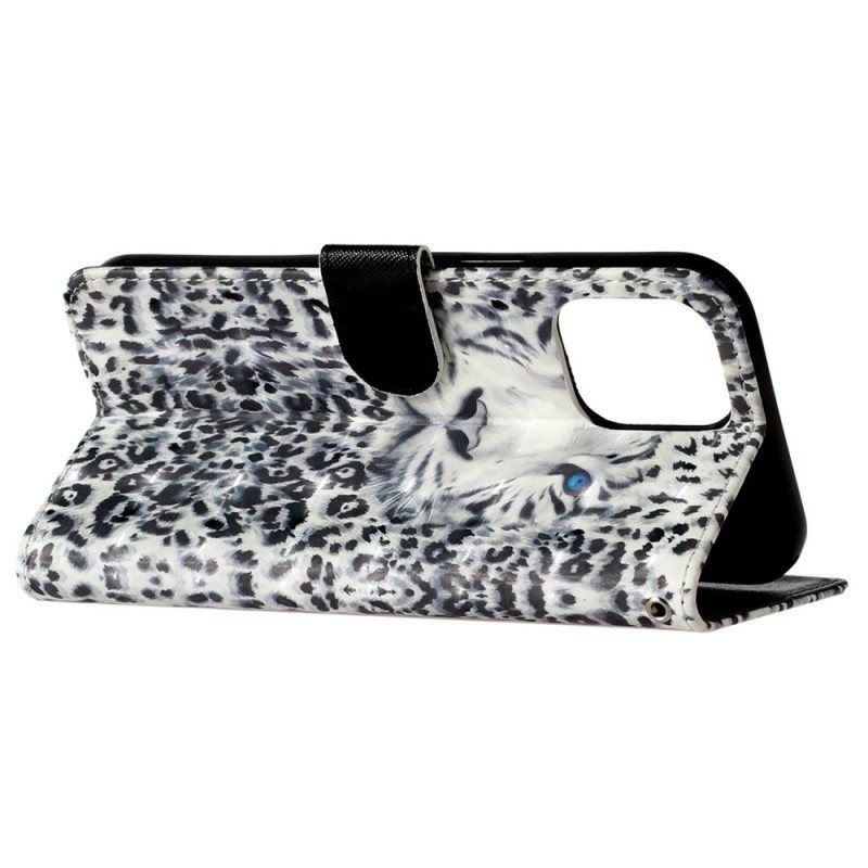 Folio Deksel Til iPhone 15 Pro Med Kjede 3d Leopard Med Stropp