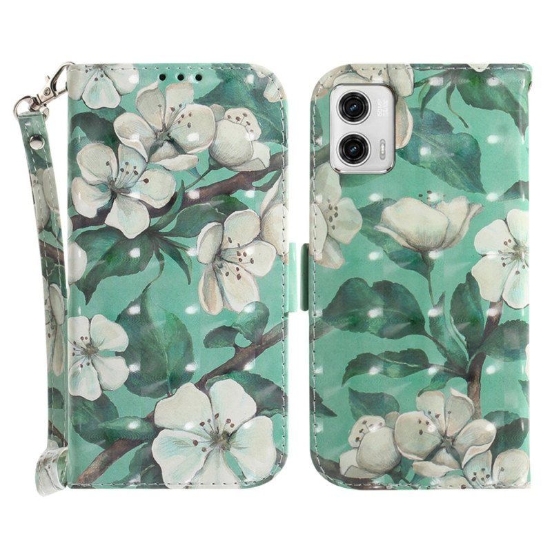 Folio Deksel Til Moto G73 5G Med Kjede Strappy Hvite Blomster