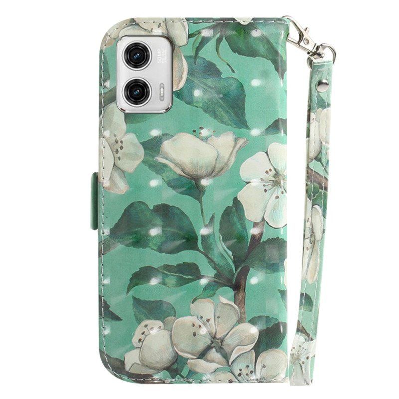 Folio Deksel Til Moto G73 5G Med Kjede Strappy Hvite Blomster