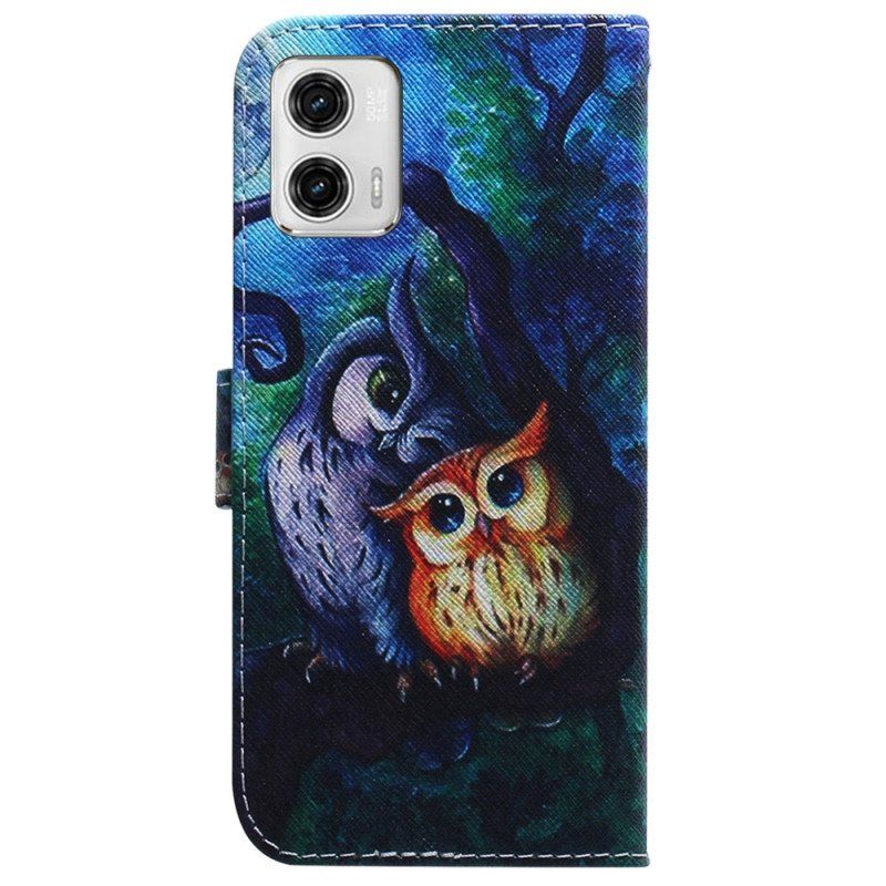 Folio Deksel Til Moto G73 5G Med Kjede Strappy Owls Maleri