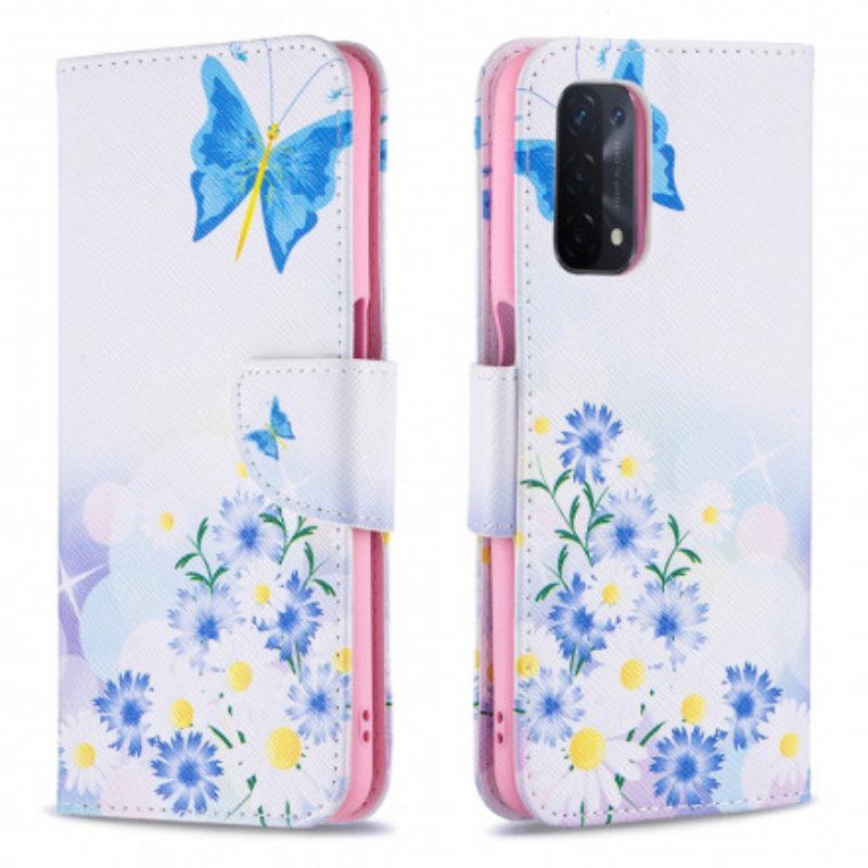 Folio Deksel Til Oppo A54 5G / A74 5G Malte Sommerfugler Og Blomster