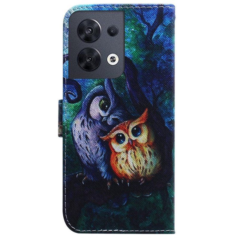 Folio Deksel Til Oppo Reno 8 Med Kjede Strappy Owls Maleri