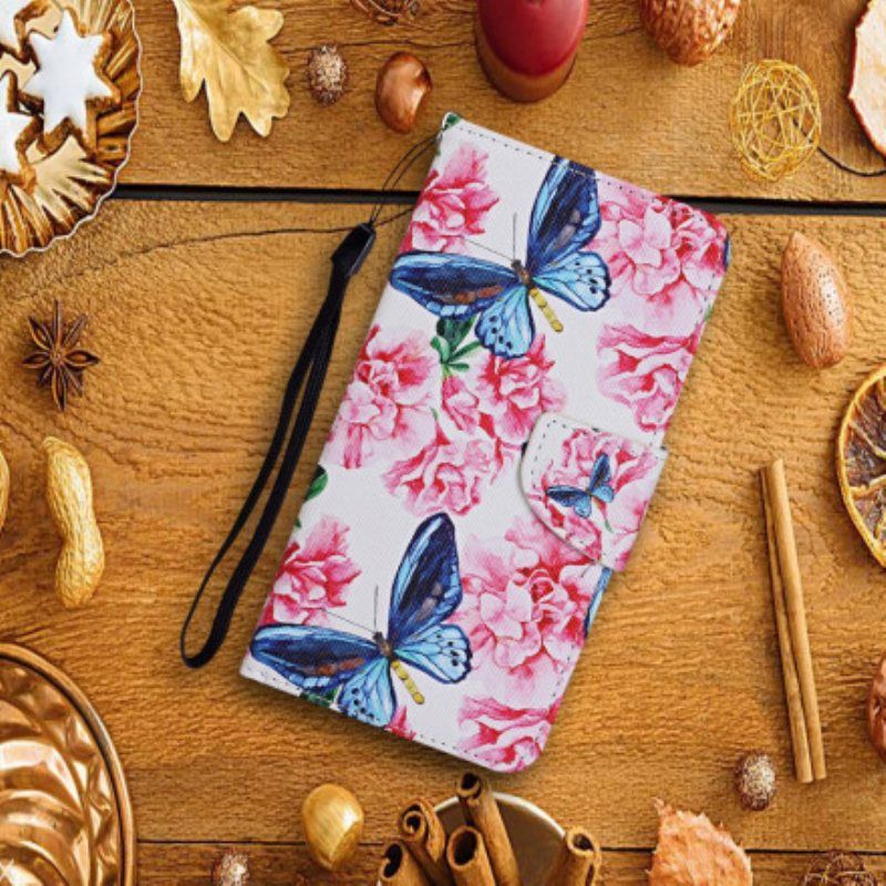 Folio Deksel Til Samsung Galaxy A52 4G / A52 5G / A52s 5G Butterflies Floral Lanyard