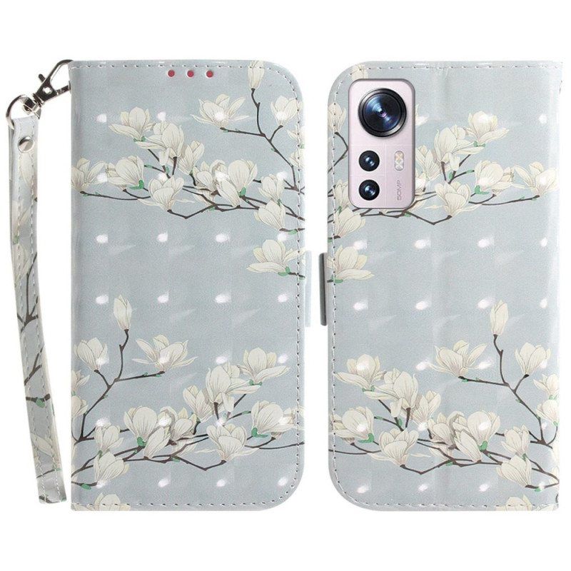 Folio Deksel Til Xiaomi 12 / 12X Med Kjede Strappy Hvite Blomster