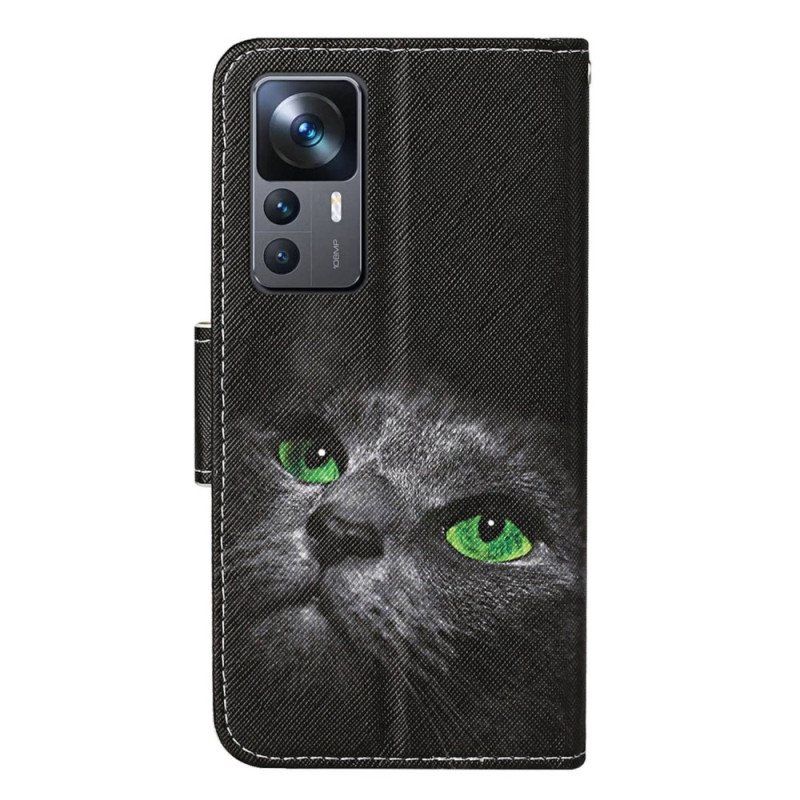 Folio Deksel Til Xiaomi 12T / 12T Pro Med Kjede Green Eyed Cat I Stropp