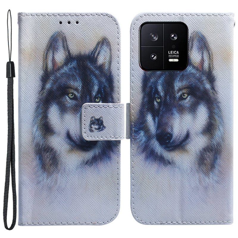 Folio Deksel Til Xiaomi 13 Med Kjede Strappy Watercolor Wolf