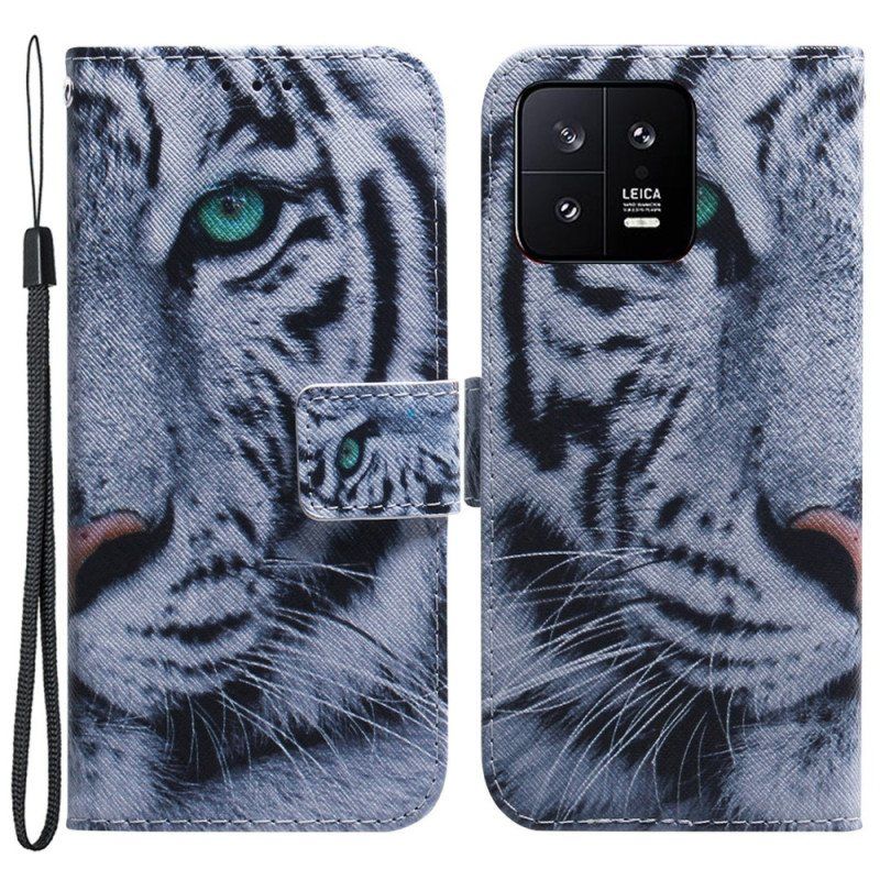 Folio Deksel Til Xiaomi 13 Med Kjede Strappy White Tiger