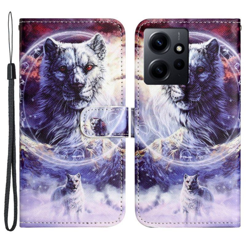 Folio Deksel Til Xiaomi Redmi Note 12 4G Med Kjede Strappy Snow Wolf