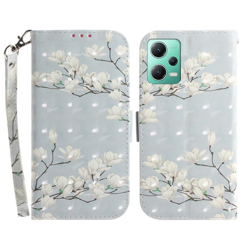 Folio Deksel Til Xiaomi Redmi Note 12 5G Med Kjede Strappy Hvite Blomster