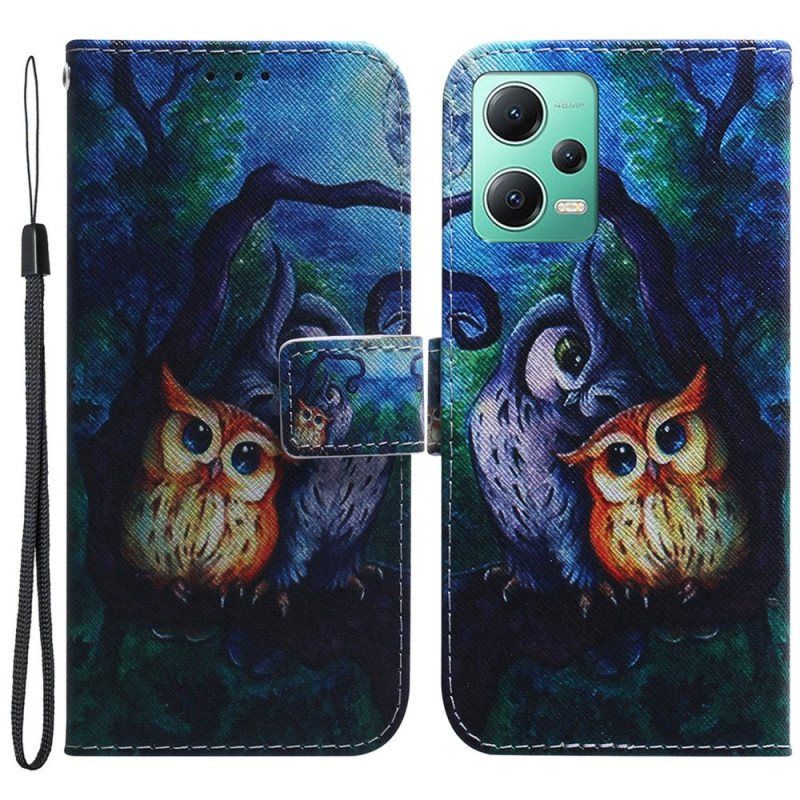 Folio Deksel Til Xiaomi Redmi Note 12 5G Med Kjede Strappy Owls Maleri