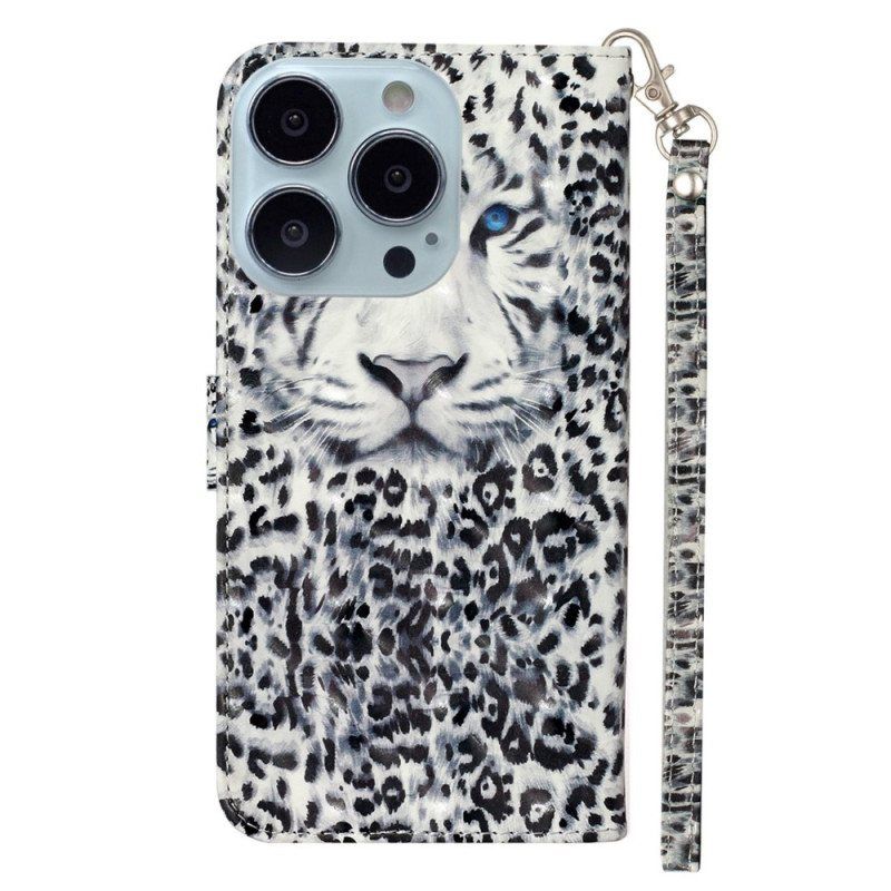 Lærdeksel Til iPhone 15 Pro Max Med Kjede 3d Leopard Med Stropp