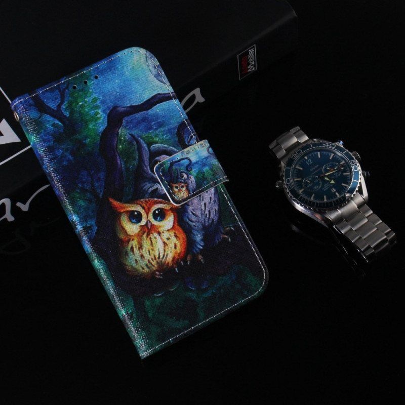 Lærdeksel Til Oppo Reno 8 Pro Med Kjede Strappy Owls Maleri