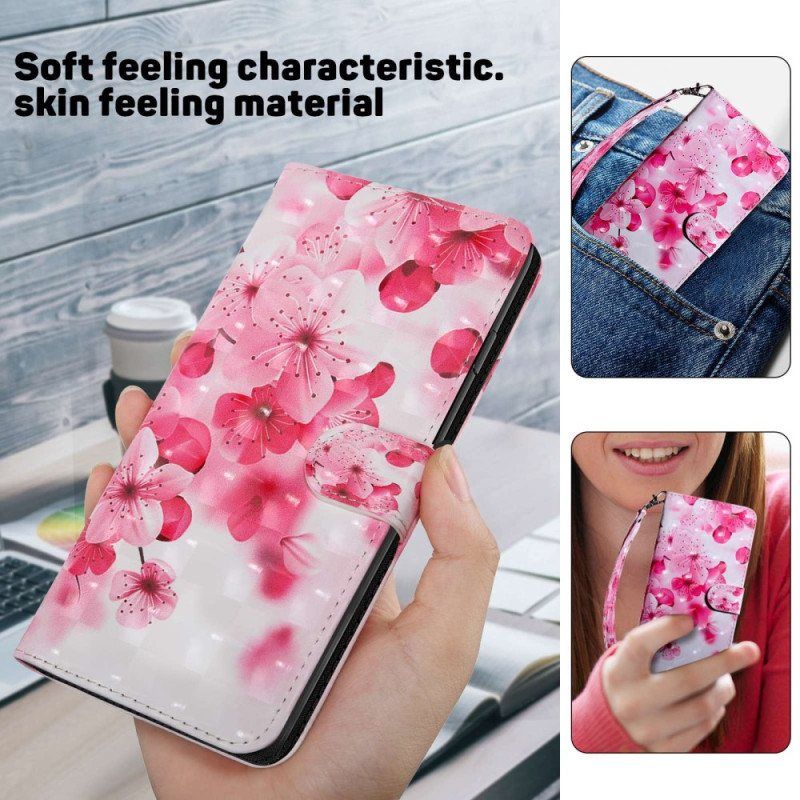 Lærdeksel Til Samsung Galaxy A14 / A14 5G Med Kjede Strappy Rosa Blomster