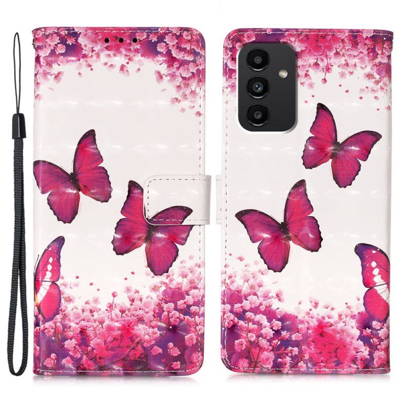 Lærdeksel Til Samsung Galaxy A54 5G Med Kjede Flight Of Butterflies I Lanyard